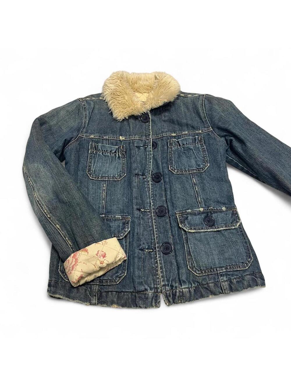 Y2K Abercrombie & Fitch navy denim jacket with fur colla
